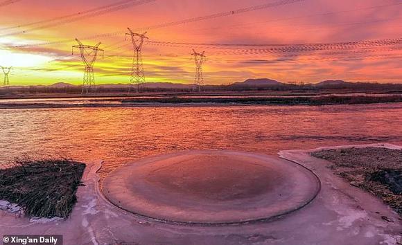 Giant Spinning Ice Disk on a River in China 