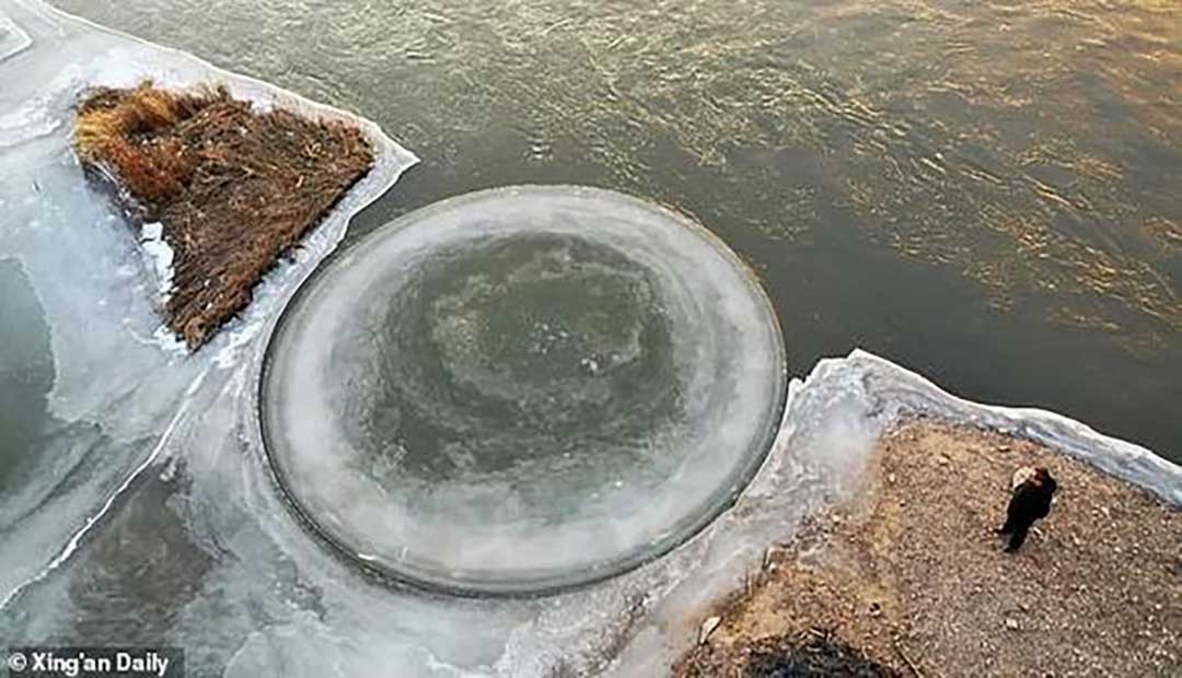 Giant Spinning Ice Disk on a River in China