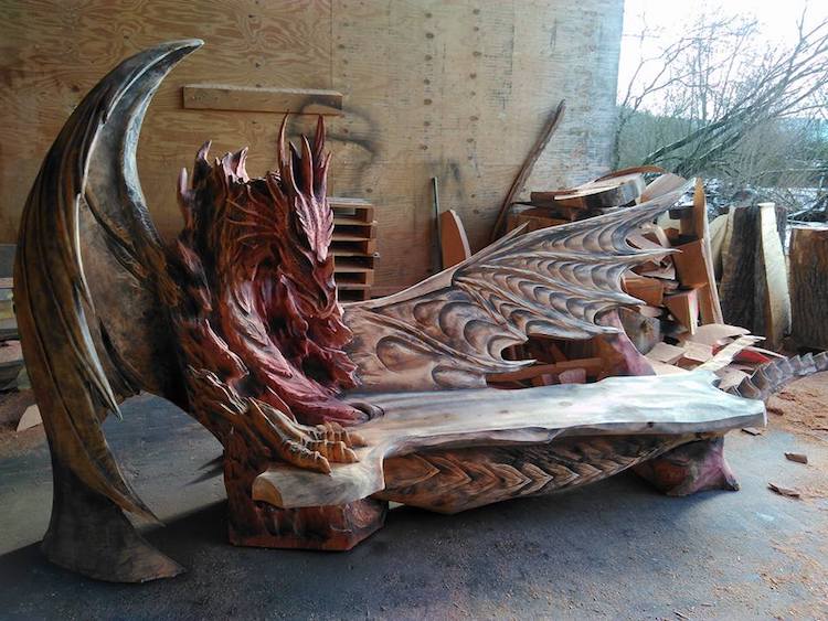 Dragon Bench Carved With a Chainsaw by Artist Igor Loskutow